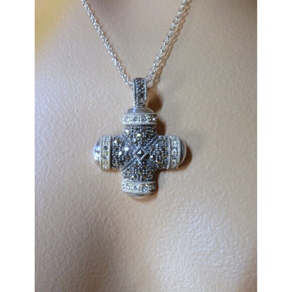 VTG Sterling Silver Real Marcasite Cross Oxidized Pendant Lock Bail - Picture 8 of 9